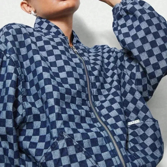 Blue Casual Women's Denim Checkboard Bomber Zip Through Jacket - Picture 3 of 4